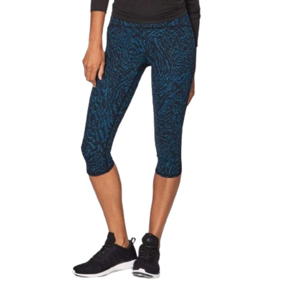 Lululemon Wunder Under Leggings Womens 4 Black Blue High Rise Cropped Run Crop - Picture 3 of 12